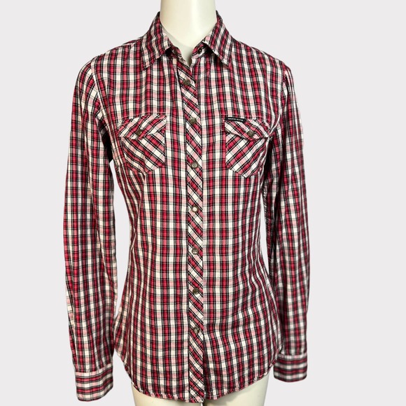 Maison Scotch (Sz 2) Plaid Snap Button Leather Elbow Patch Shirt - Picture 8 of 13